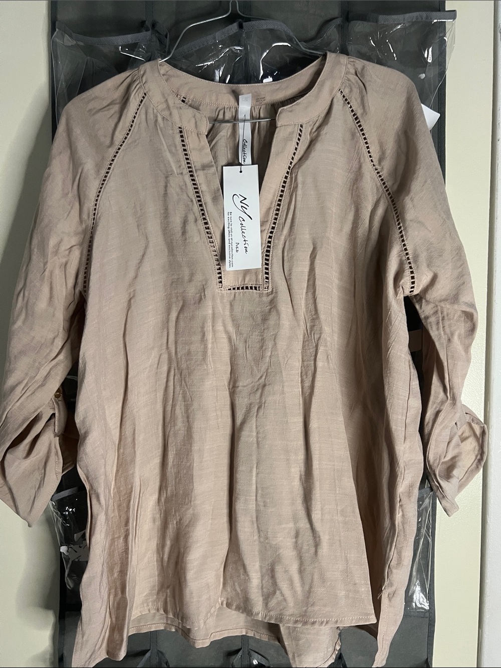 NY Collection Soft Taupe Ladder-Stitch Tunic Top